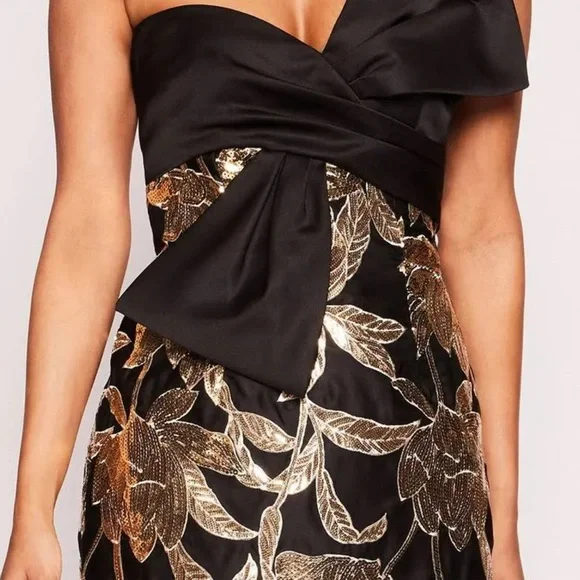 MARCHESA NOTTE***Black and Gold Lotus Strapless Bow Midi Dress****US 4 $795 - Picture 3 of 8